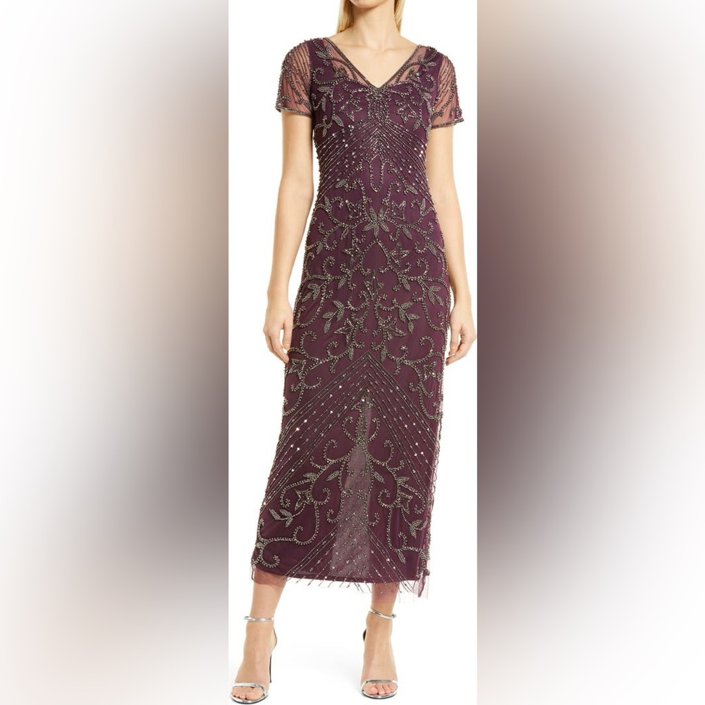 NWT PISARRO NIGHTS BEADED MESH COLUMN GOWN IN WINE size 12